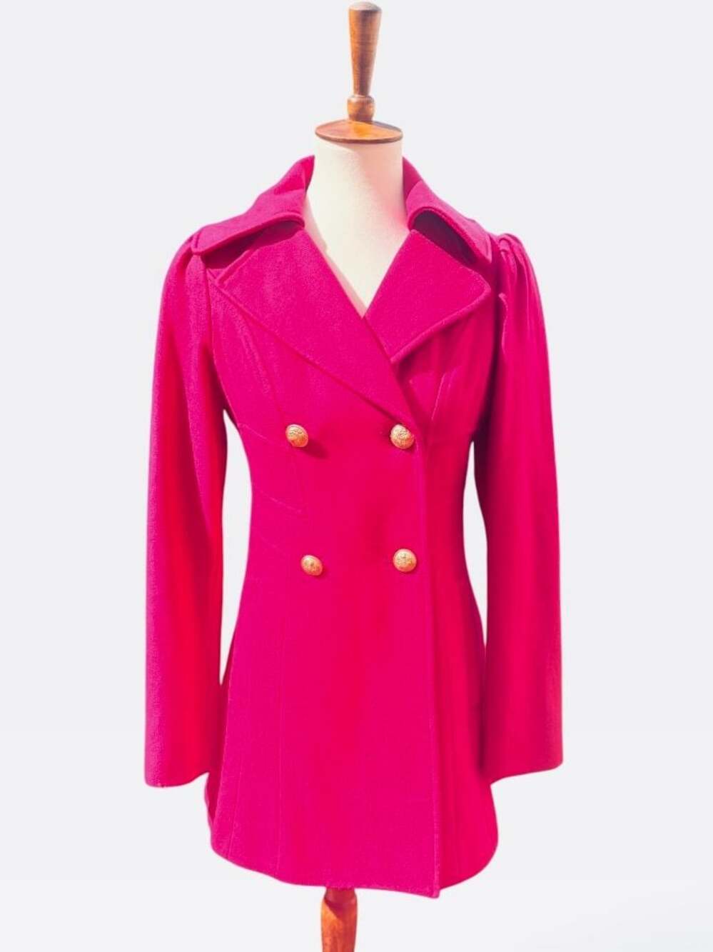 Guess Bright Pink Wool Blend Tailored Flared Coat with Gold Buttons S